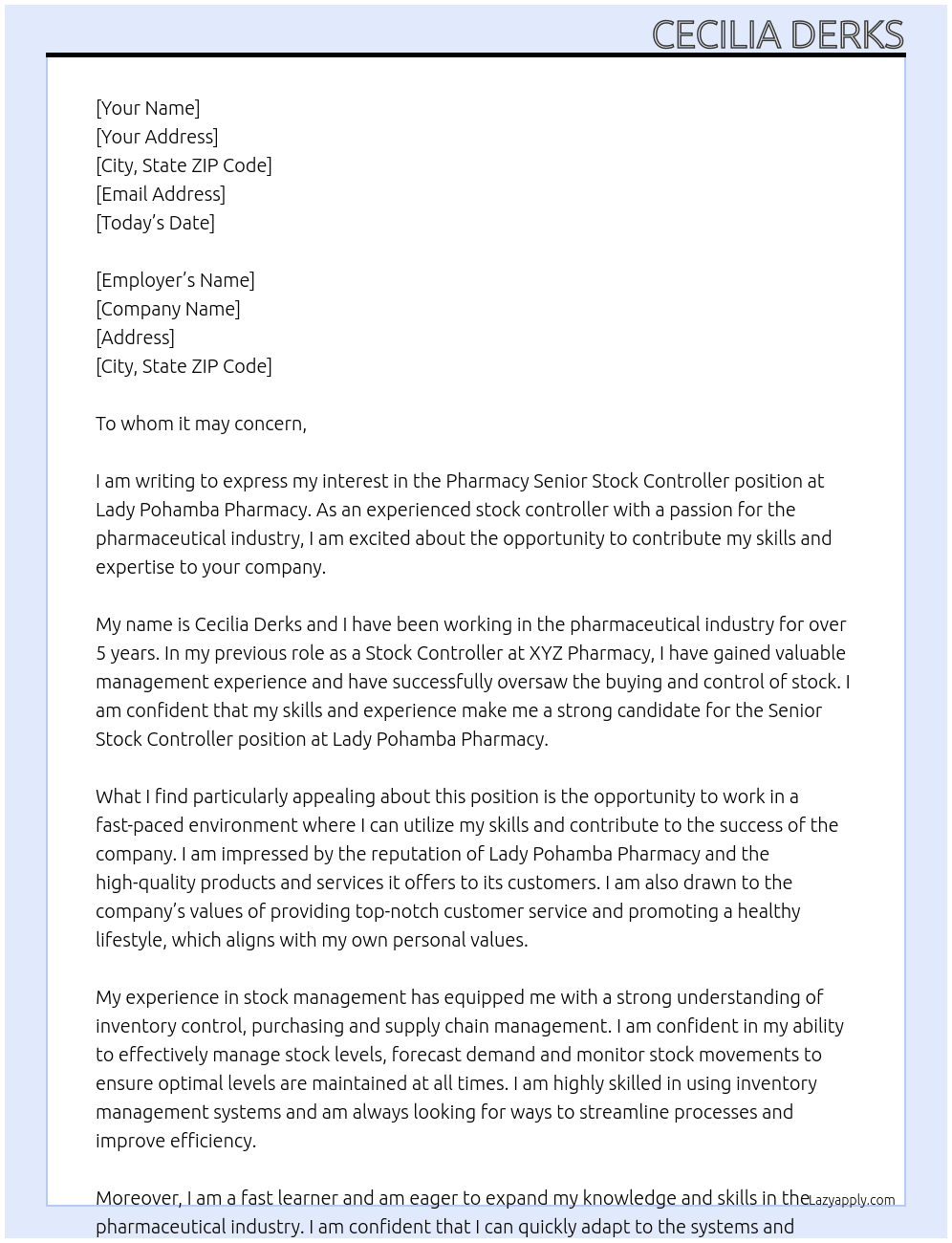 Pharmacy Senior Stock Controller At Lady Pohamba Pharmacy Cover Letter