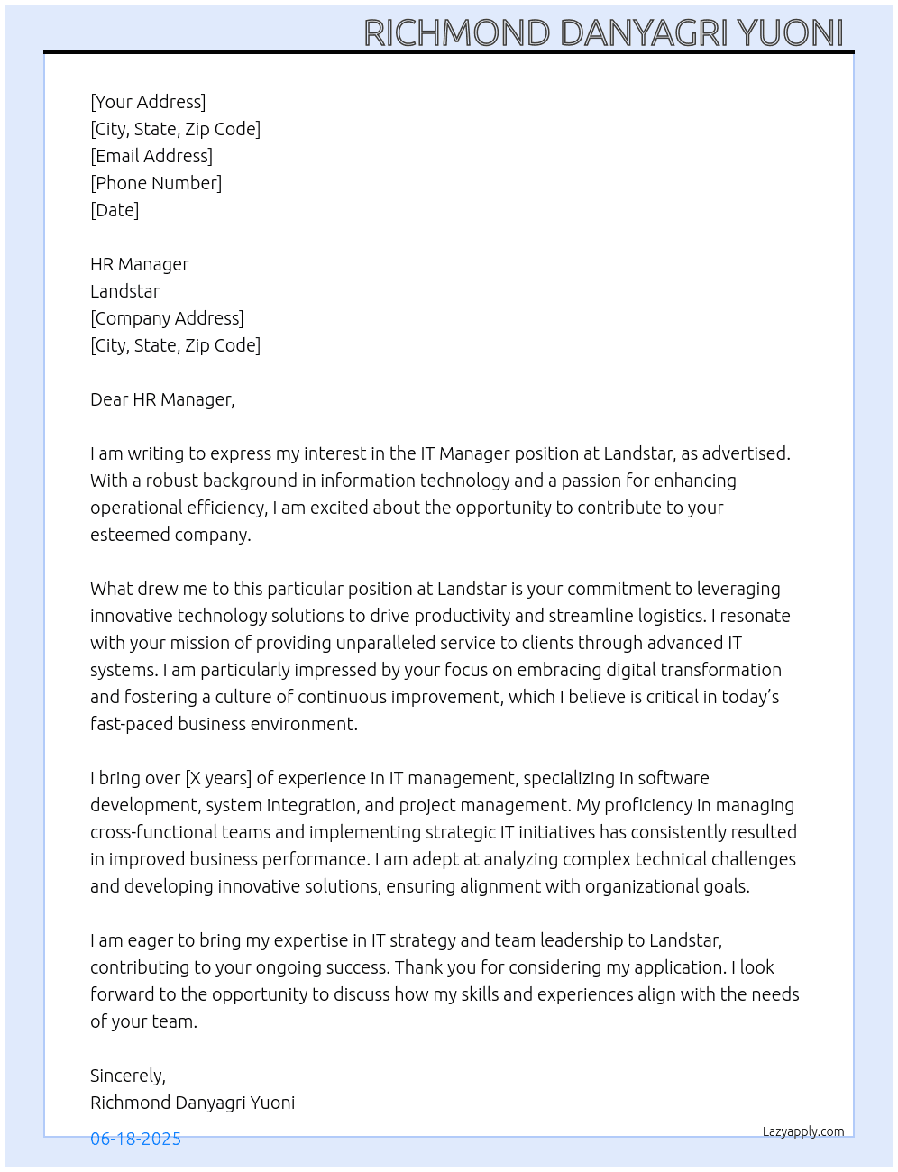 IT Manager  At Landstar Cover Letter