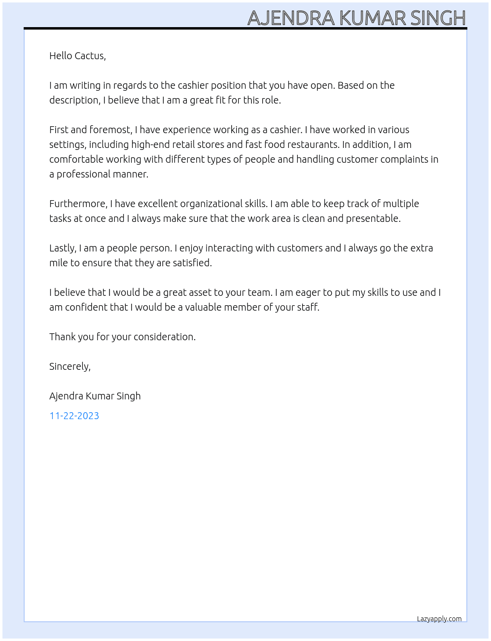 CASHIER At CACTUS Cover Letter