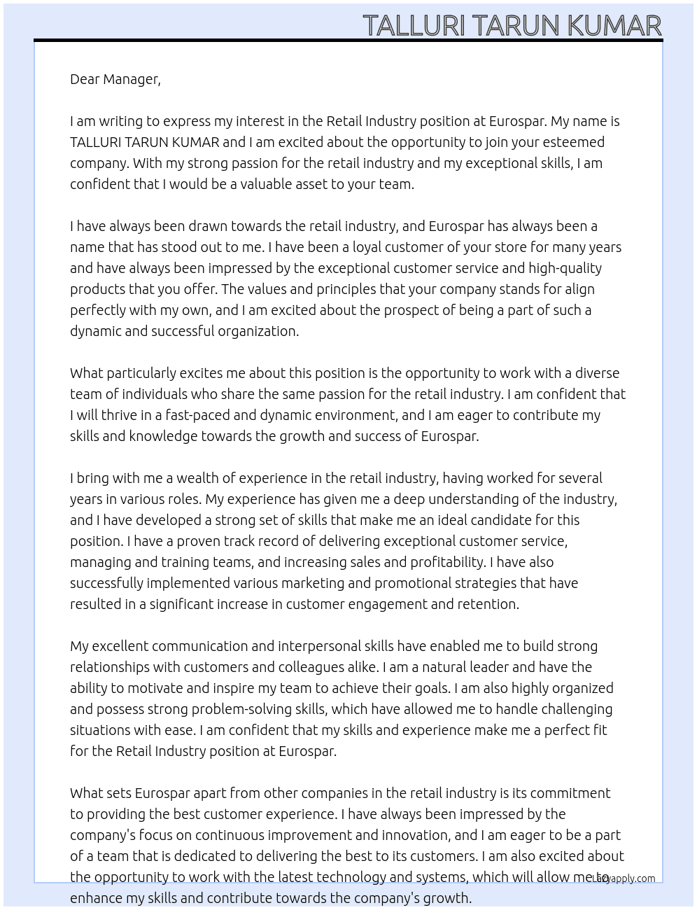 Retail industry  At Eurospar  Cover Letter