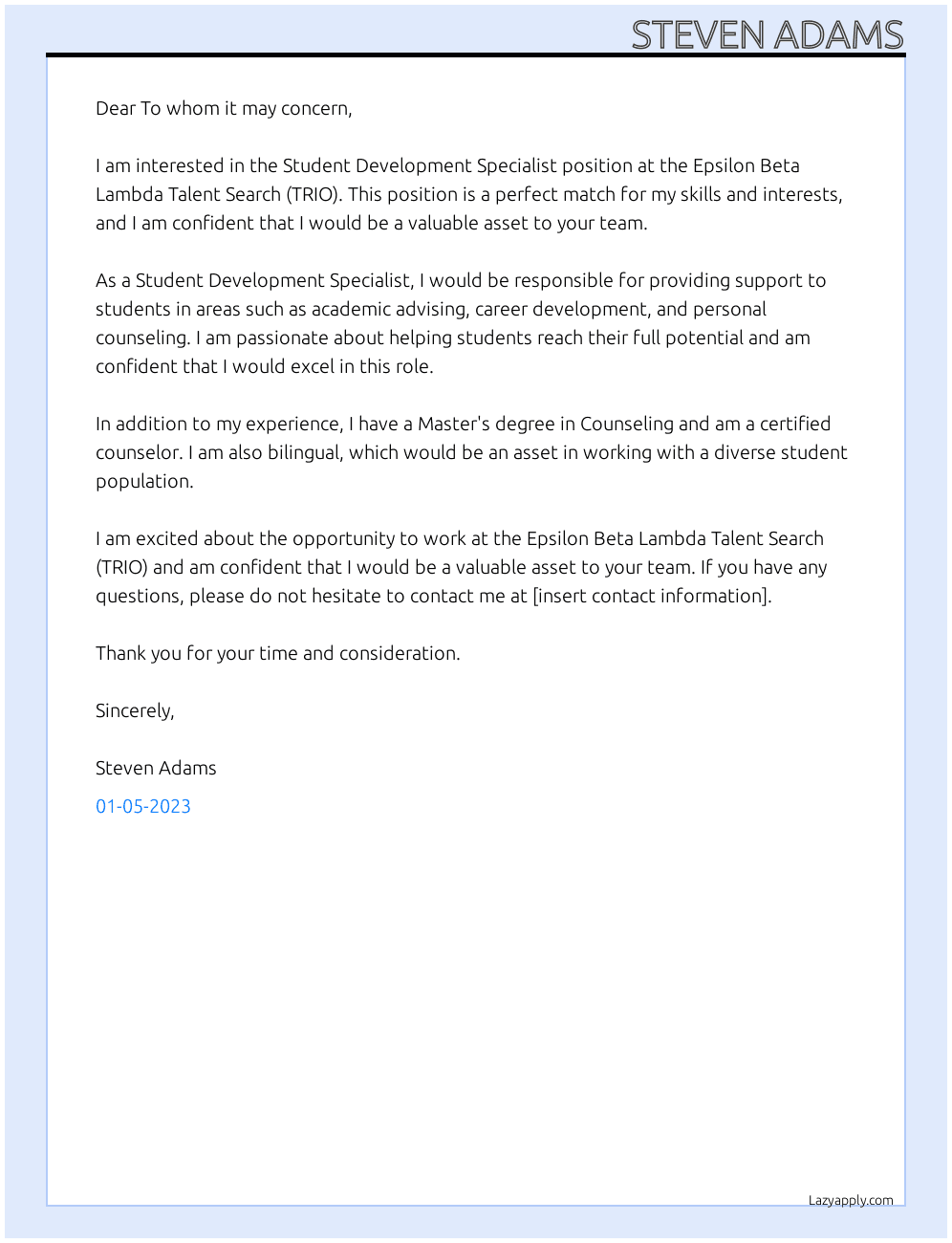 Cover letter for student development specialist - LazyApply