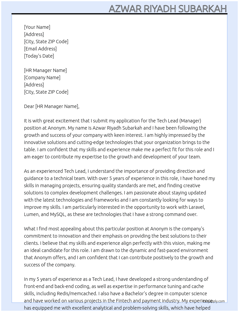 Tech Lead (Manager) At Anonym Cover Letter