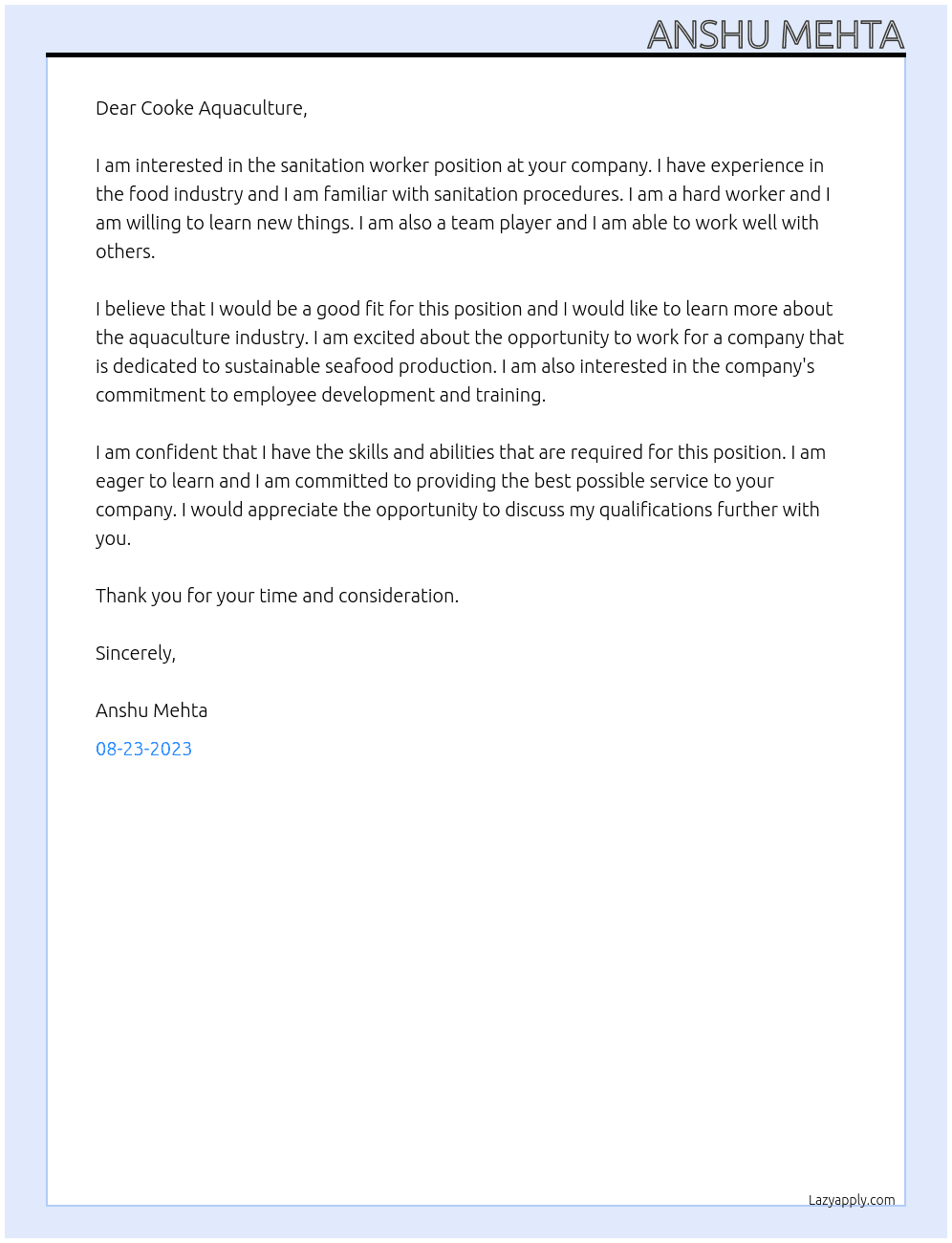 Sanitation worker At Cooke aquaculture Cover Letter