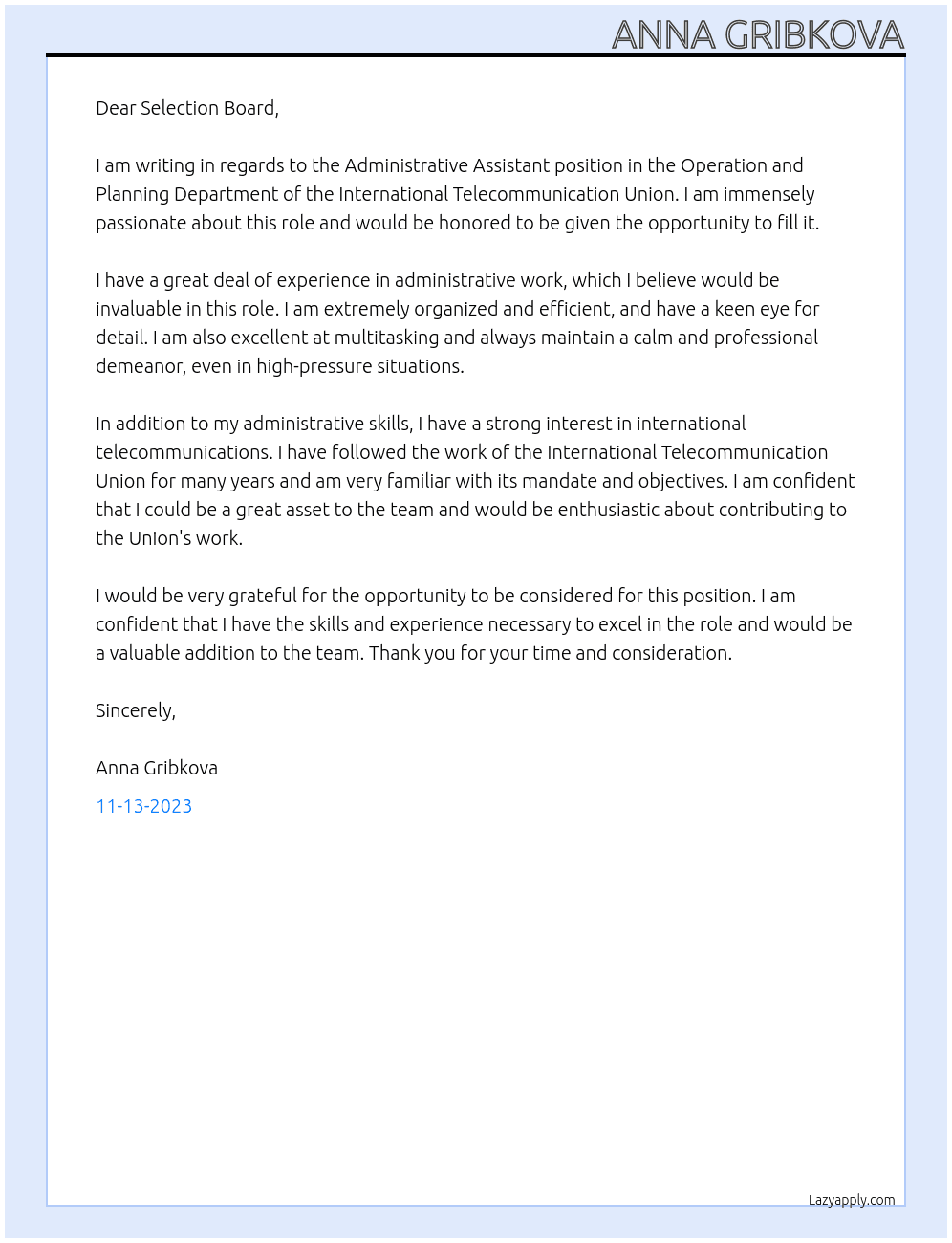Administrative Assistant in Operation and Planning Department of International Telecommunication Union At International Telecommunication Union Cover Letter