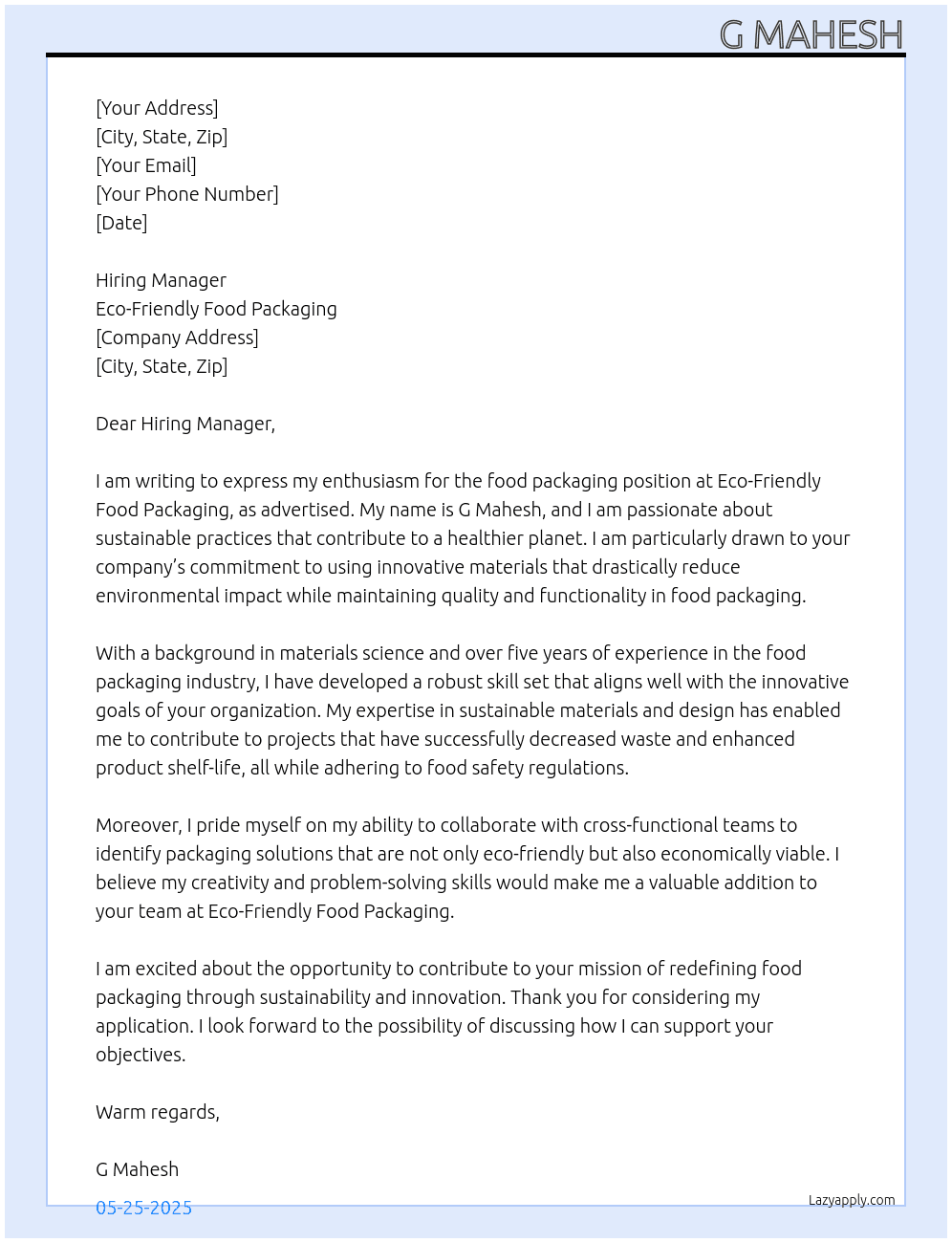 food packaging job At Eco-friendly food packaging Cover Letter