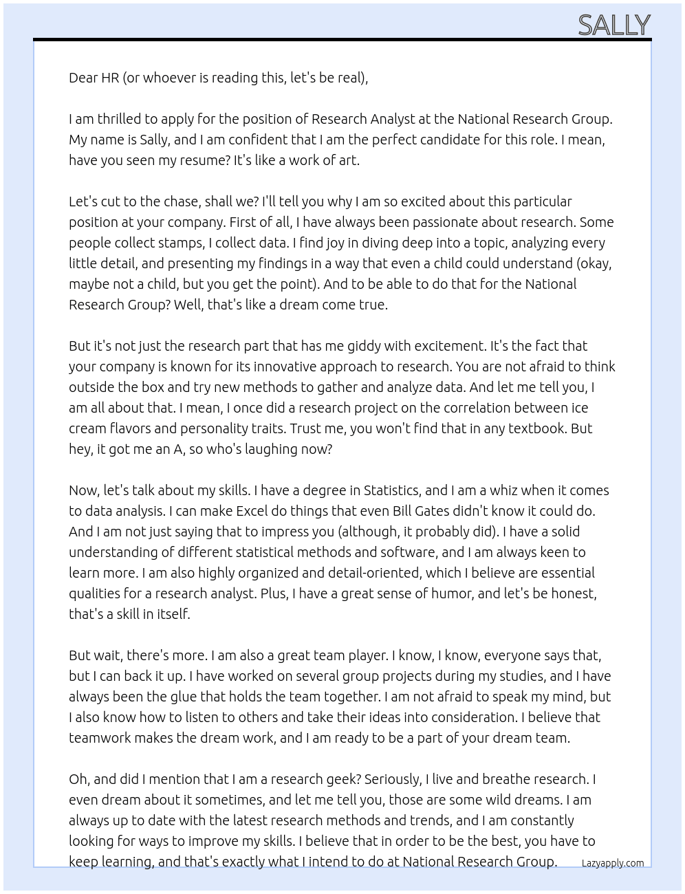 research analyst At national research group Cover Letter
