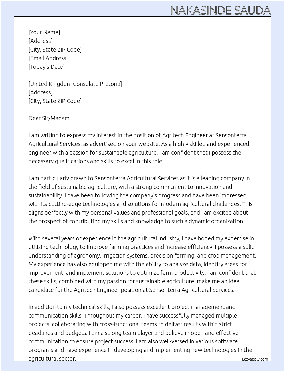 AGRITECH ENGINEER At SENSONTERRA AGRICULTURAL SERVICES Cover Letter