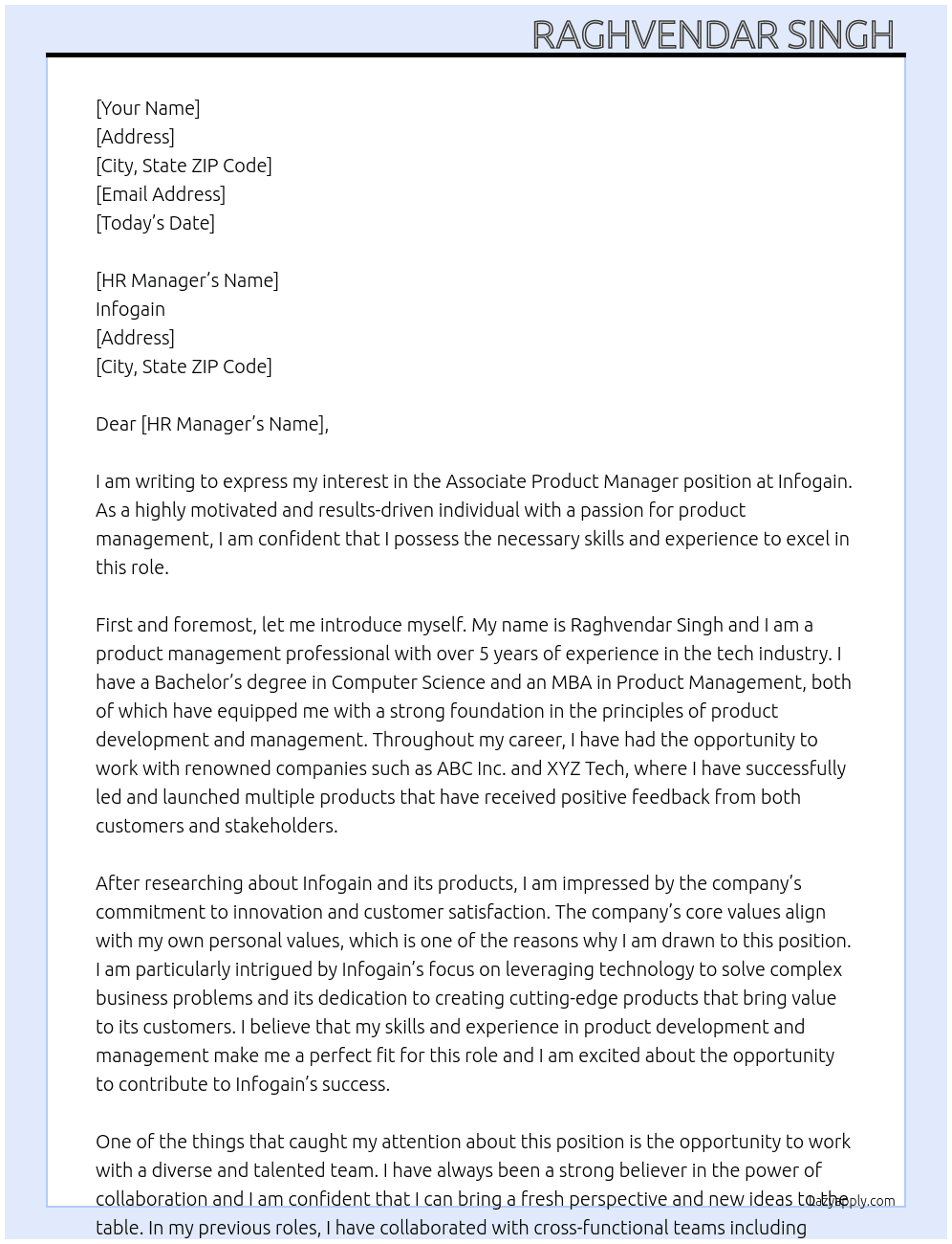Associate product manager  At Infogain  Cover Letter