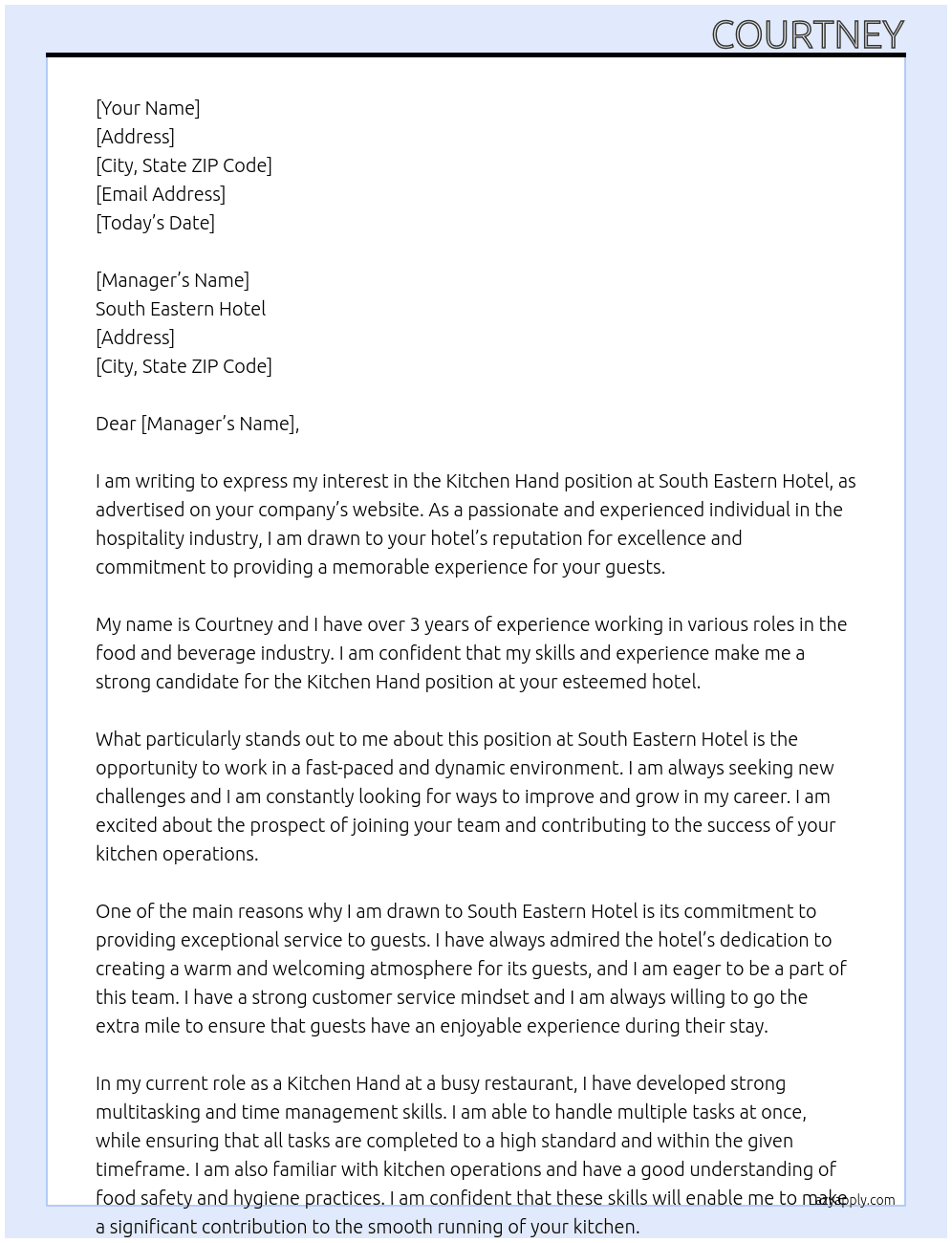 Kitchen Hand At South Eastern Hotel Cover Letter