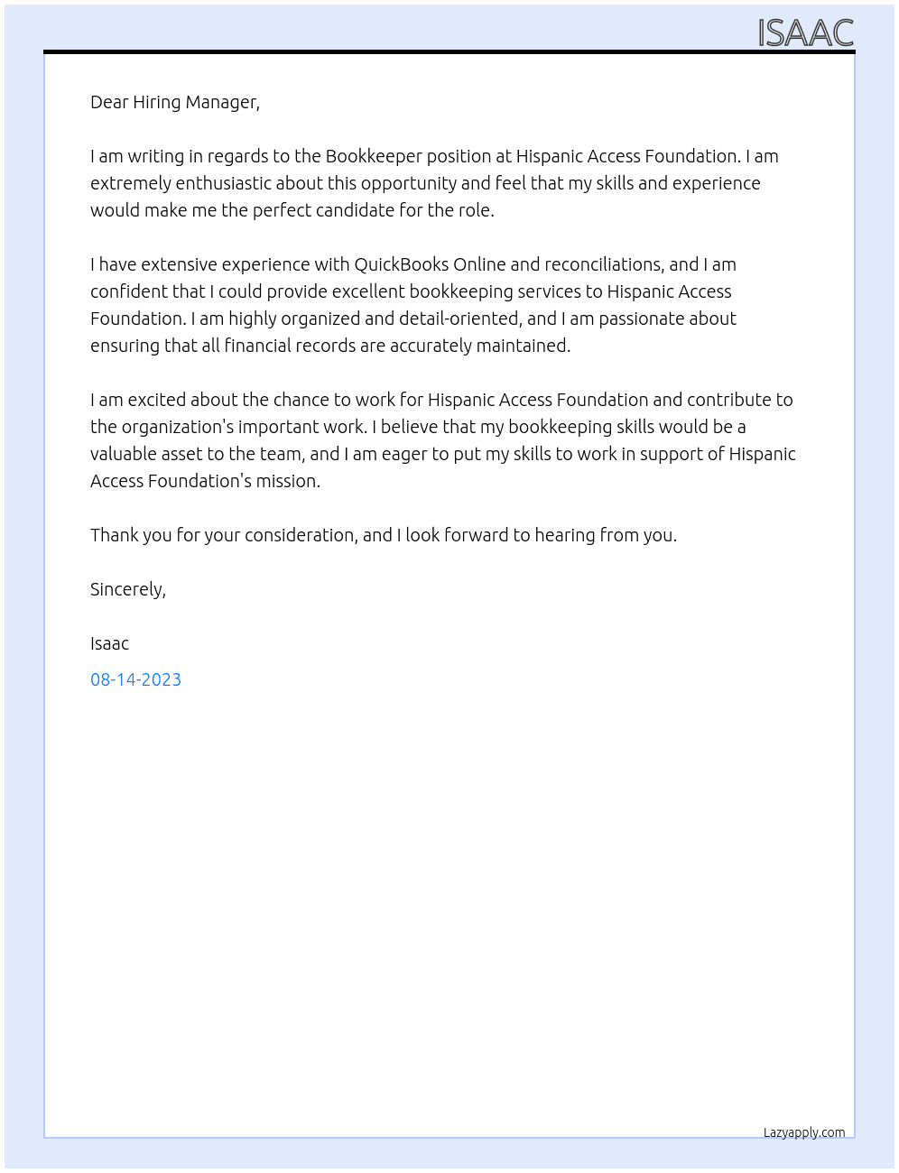 Bookkeeper At Hispanic Access Foundation Cover Letter