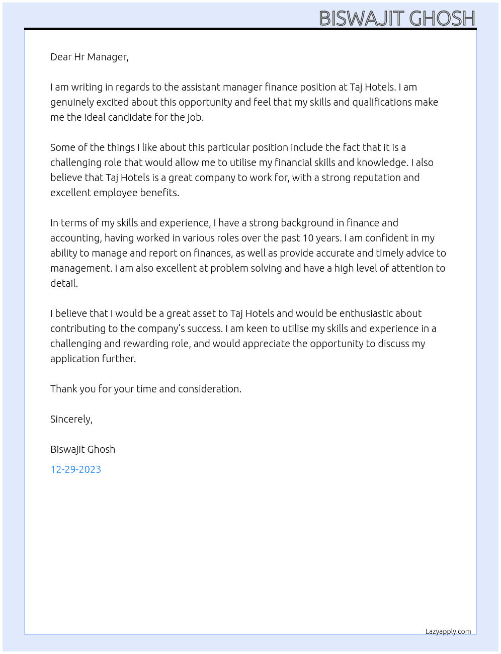 Assitant manager Finance At Taj Hotels Cover Letter