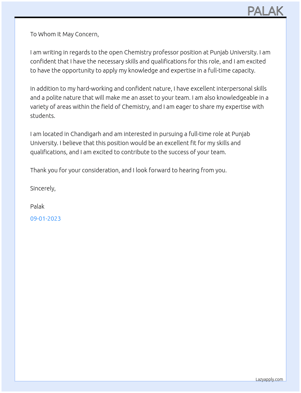 Chemistry professor  At Punjab university  Cover Letter