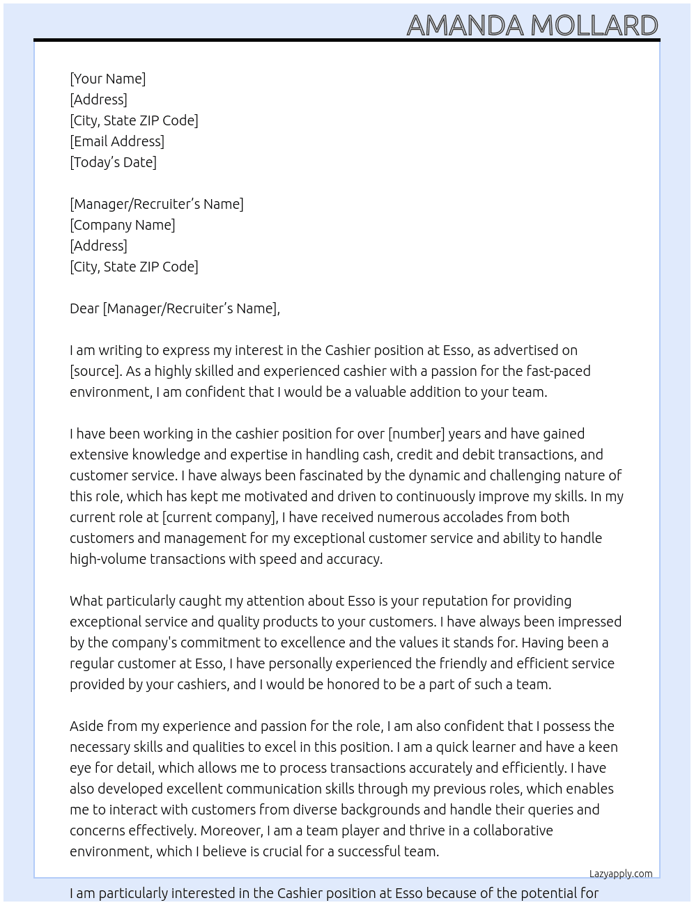 Cashier At Esso Cover Letter