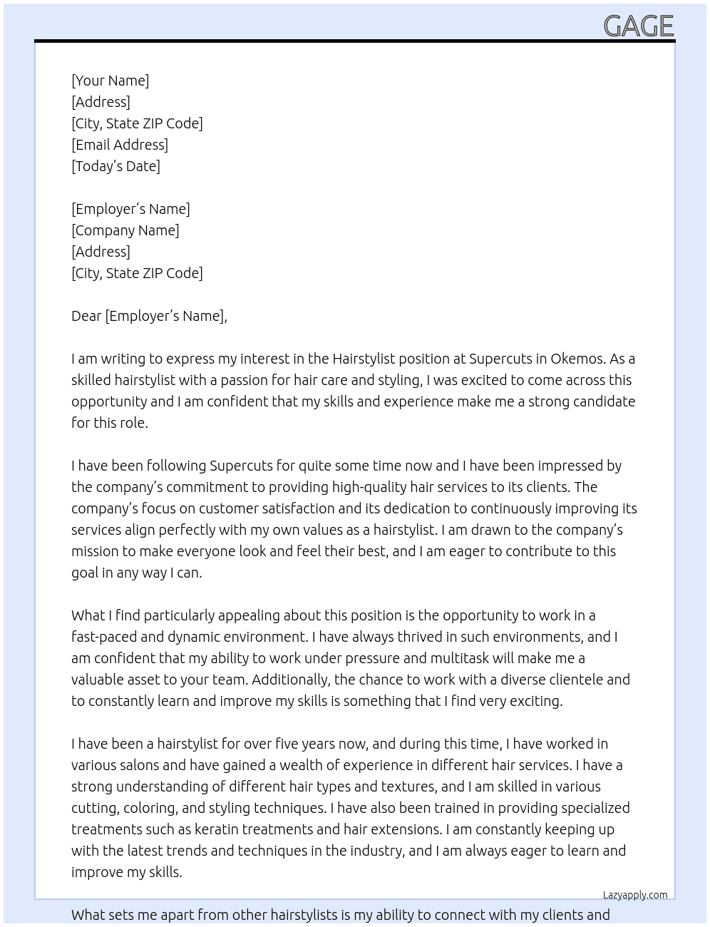 Hairstylist At Supercuts Cover Letter