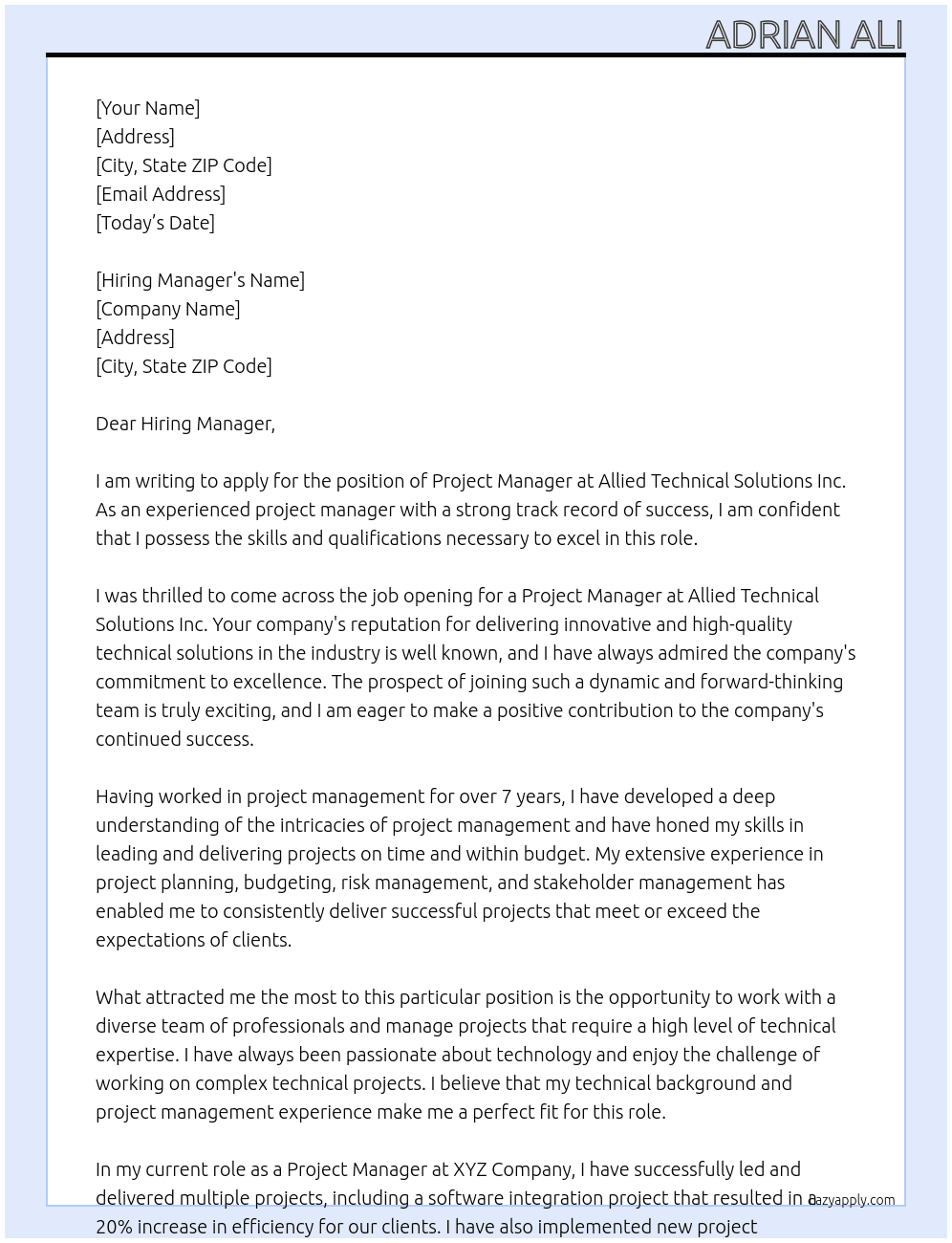 Project manager At Allied Technical Solutions Inc Cover Letter