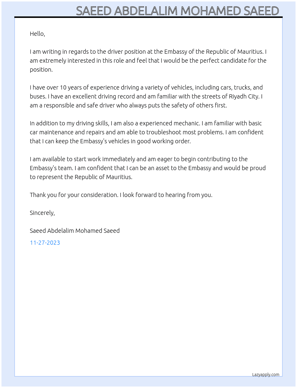 Driver At Driver Cover Letter