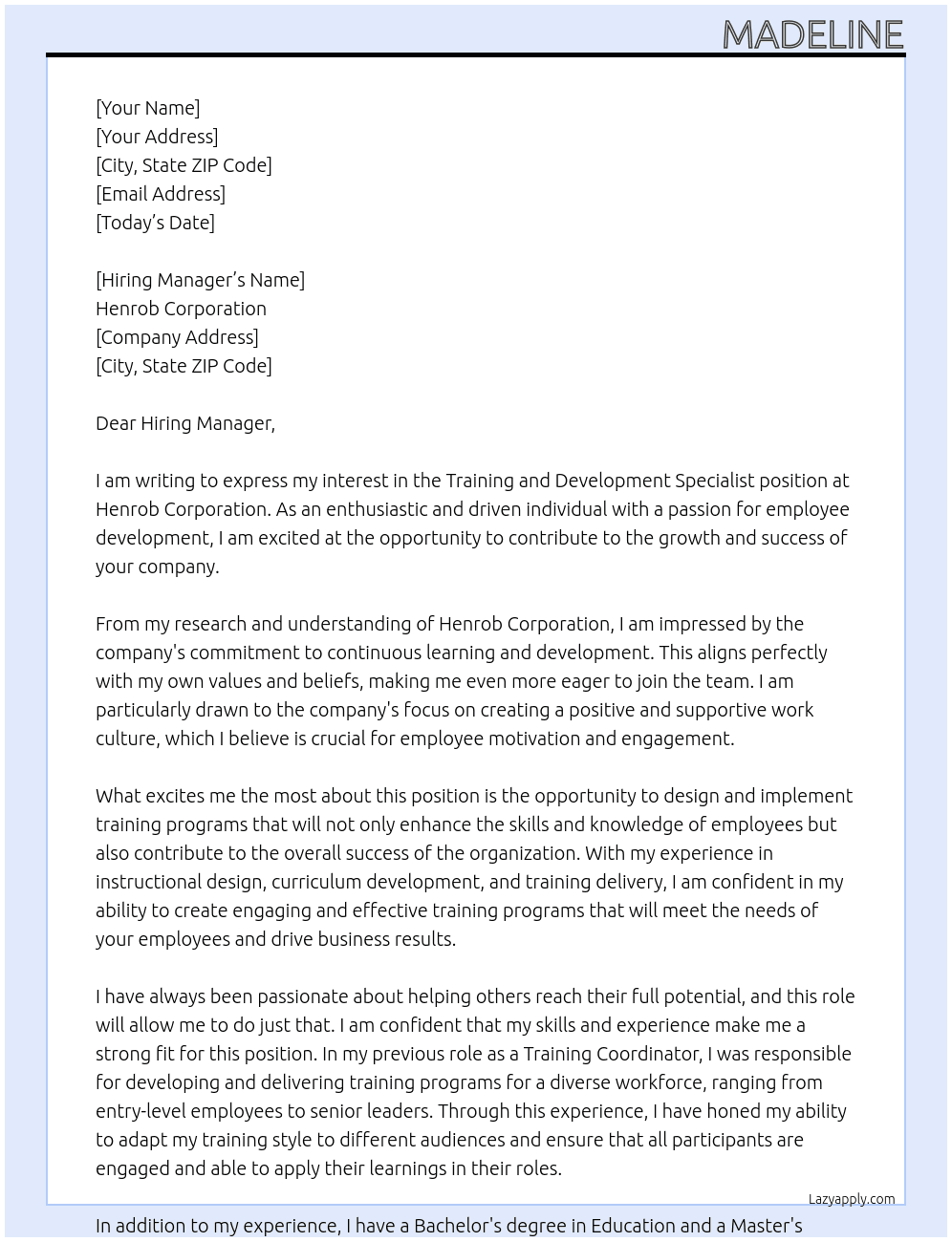 Training and Development Specialist At Henrob Corporation Cover Letter