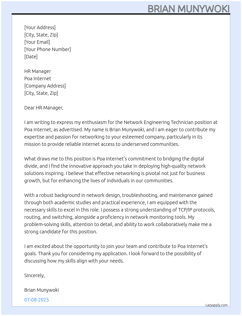 Network engineering technician At poa Internet Cover Letter