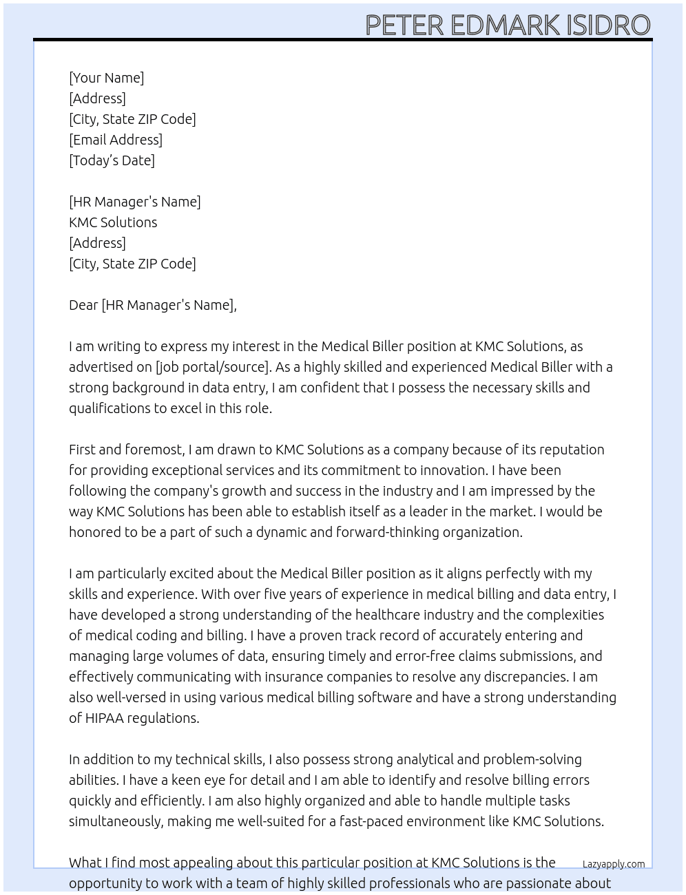 Medical Biller At KMC Solutions Cover Letter