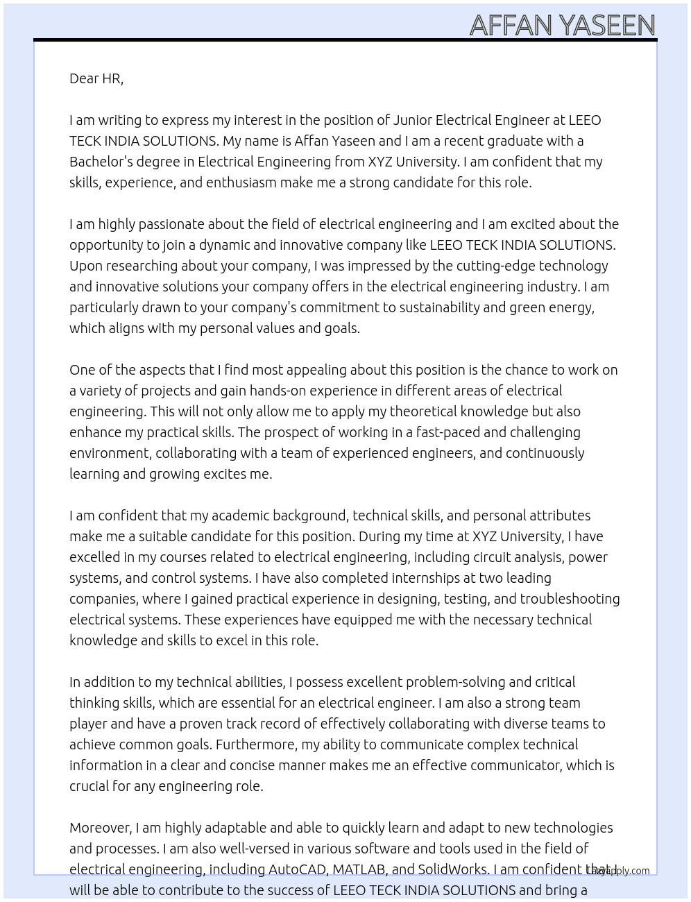 Junior Electrical Engineer At LEEO TECK INDIA SOLUTIONS Cover Letter