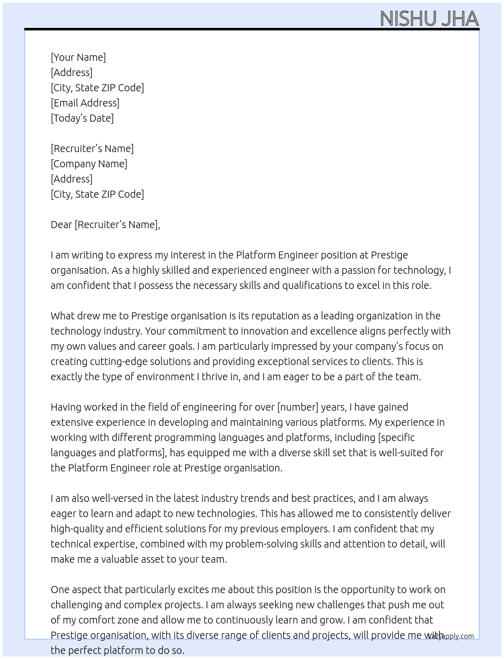 Platform Engineer At Prestige organisation Cover Letter