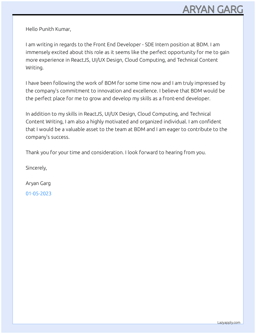 Front End Developer - SDE Intern At BDM Cover Letter