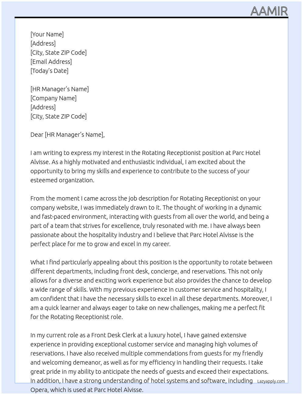 rotating Receptonist At Parc Hotel Alvisse  Cover Letter