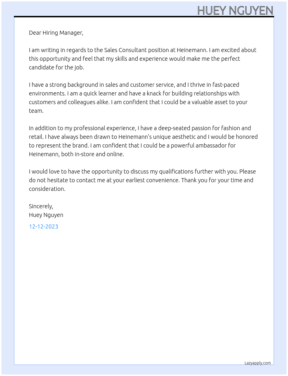 Sales Consultant At Heinemann Cover Letter