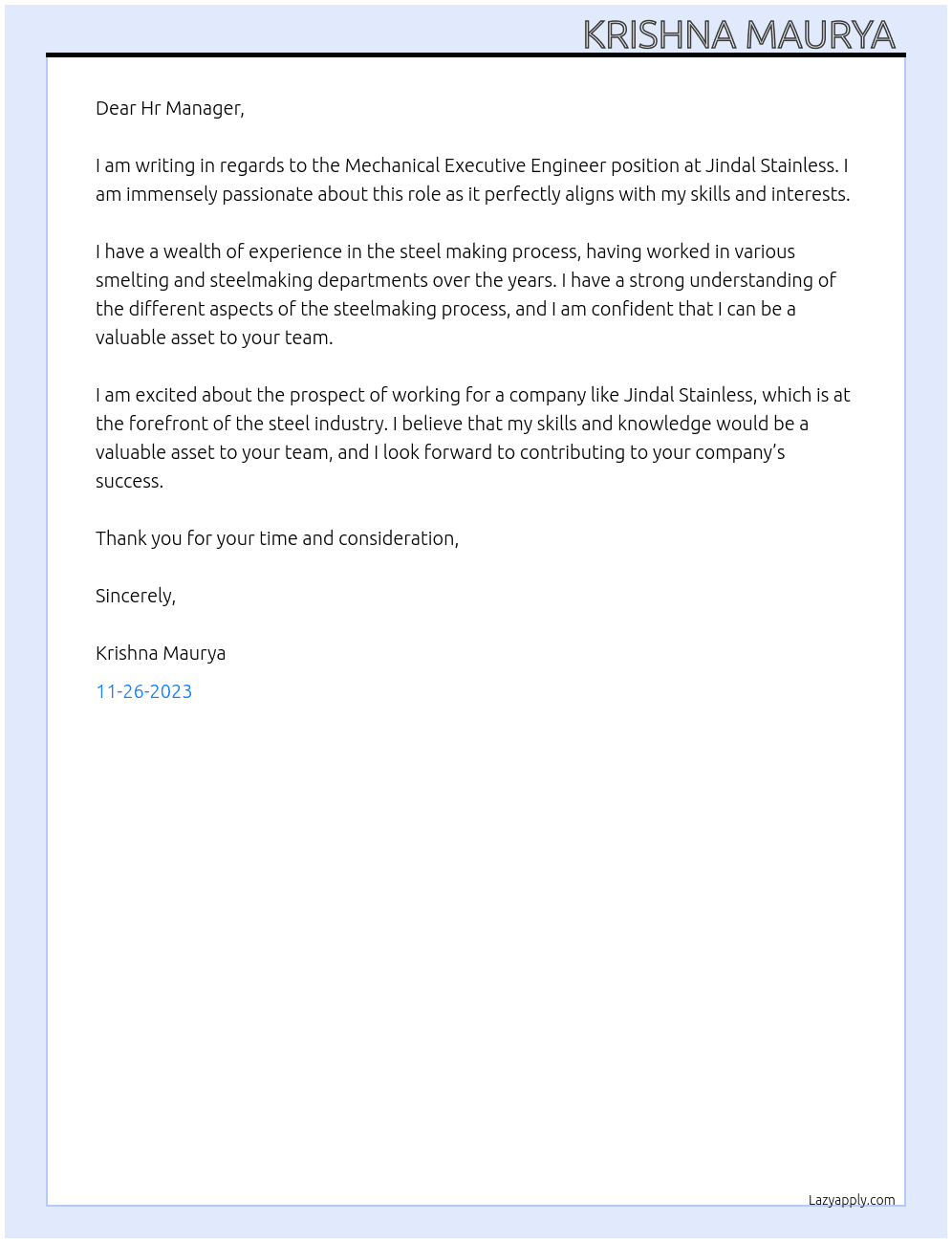 Mechanical executive engineer  At Jindal stainless  Cover Letter