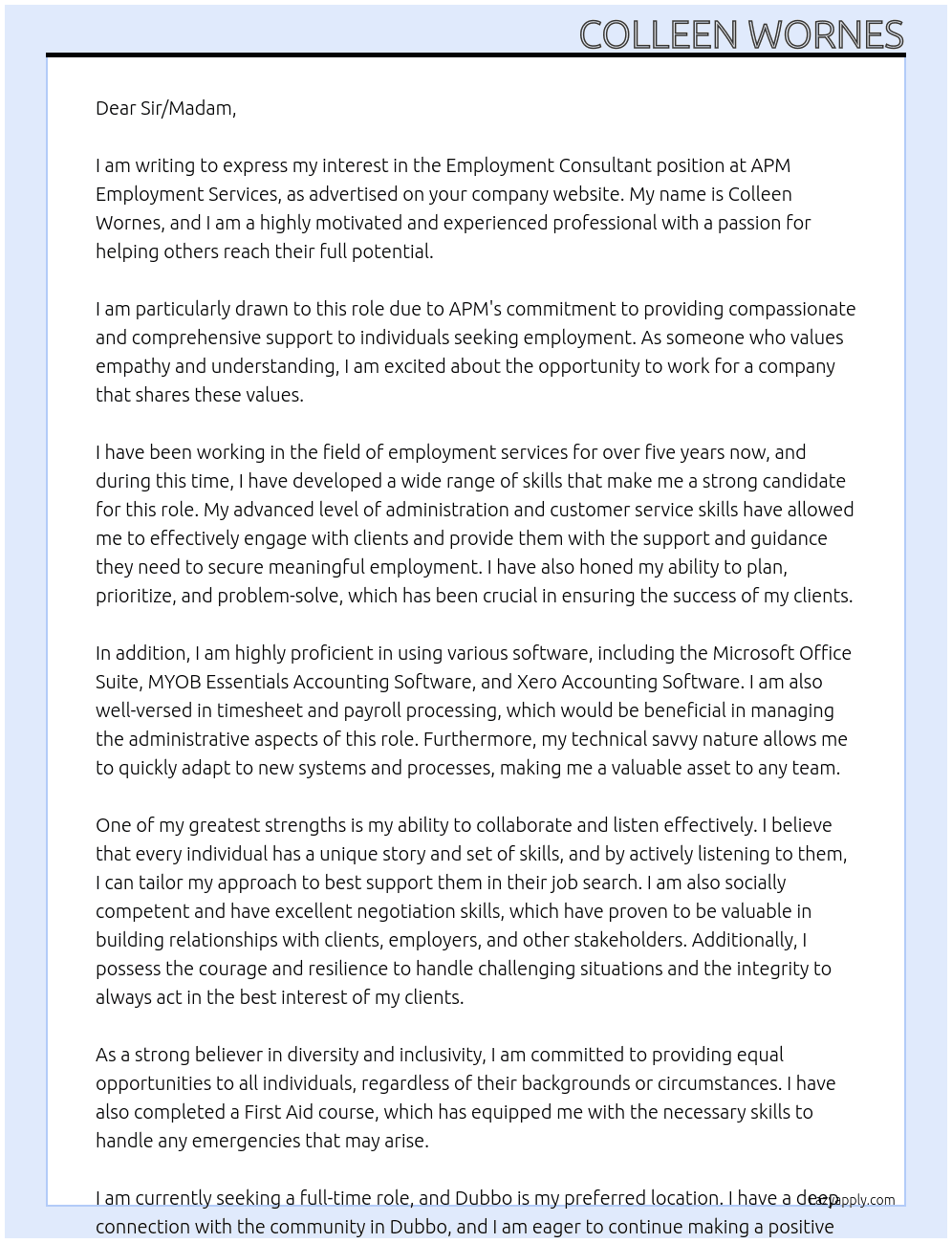 Employment Consultant At APM Employment Services Cover Letter