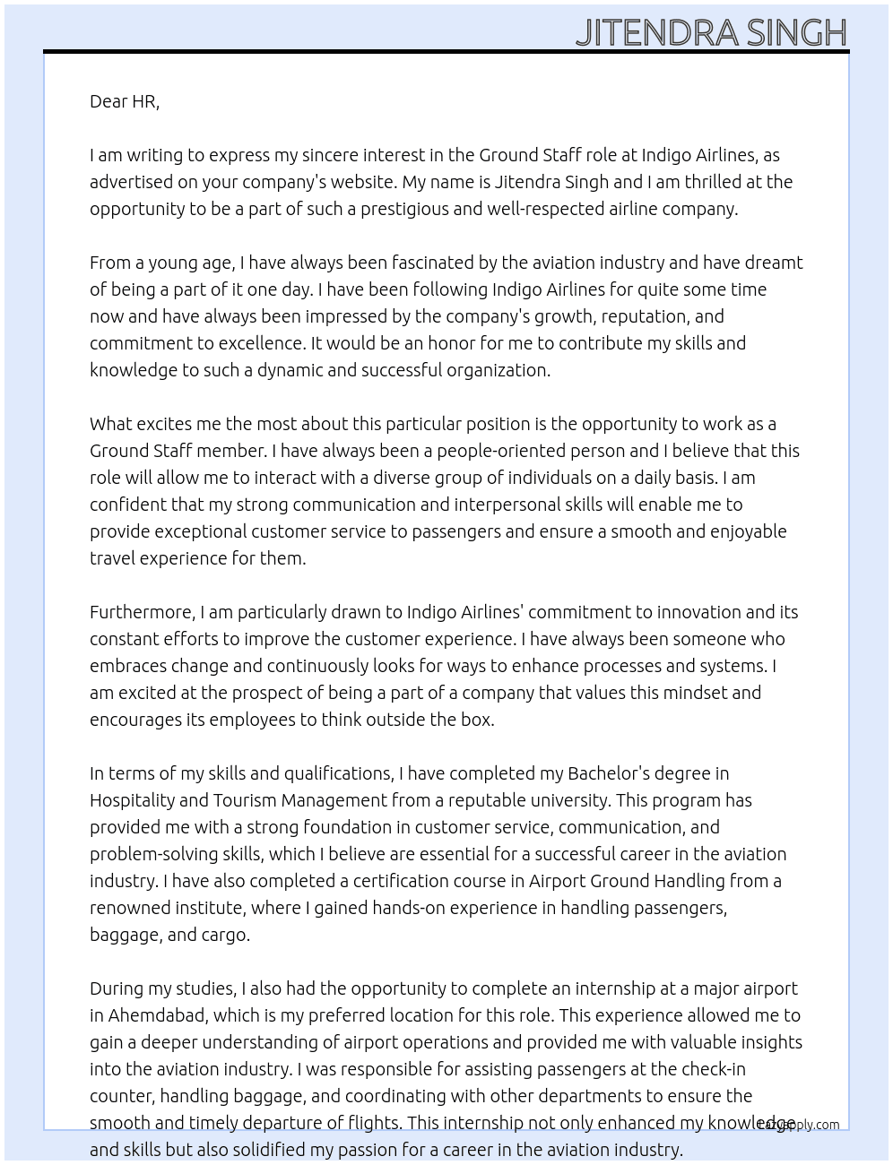 Ground staff air port At Indigo air line Cover Letter