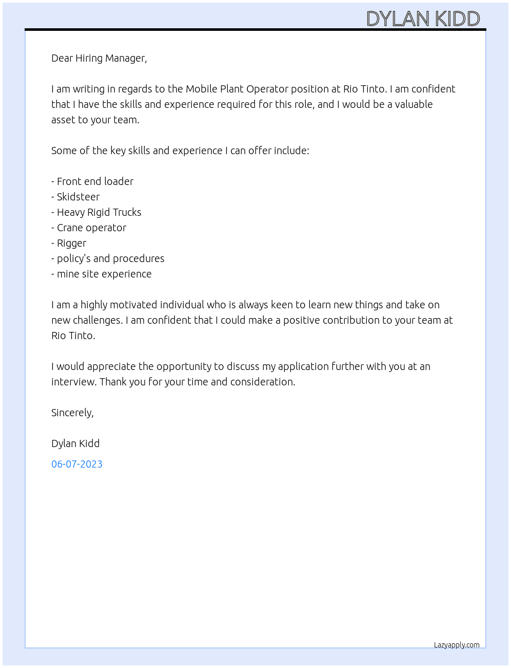 Mobile plant operator  At Rio Tinto  Cover Letter