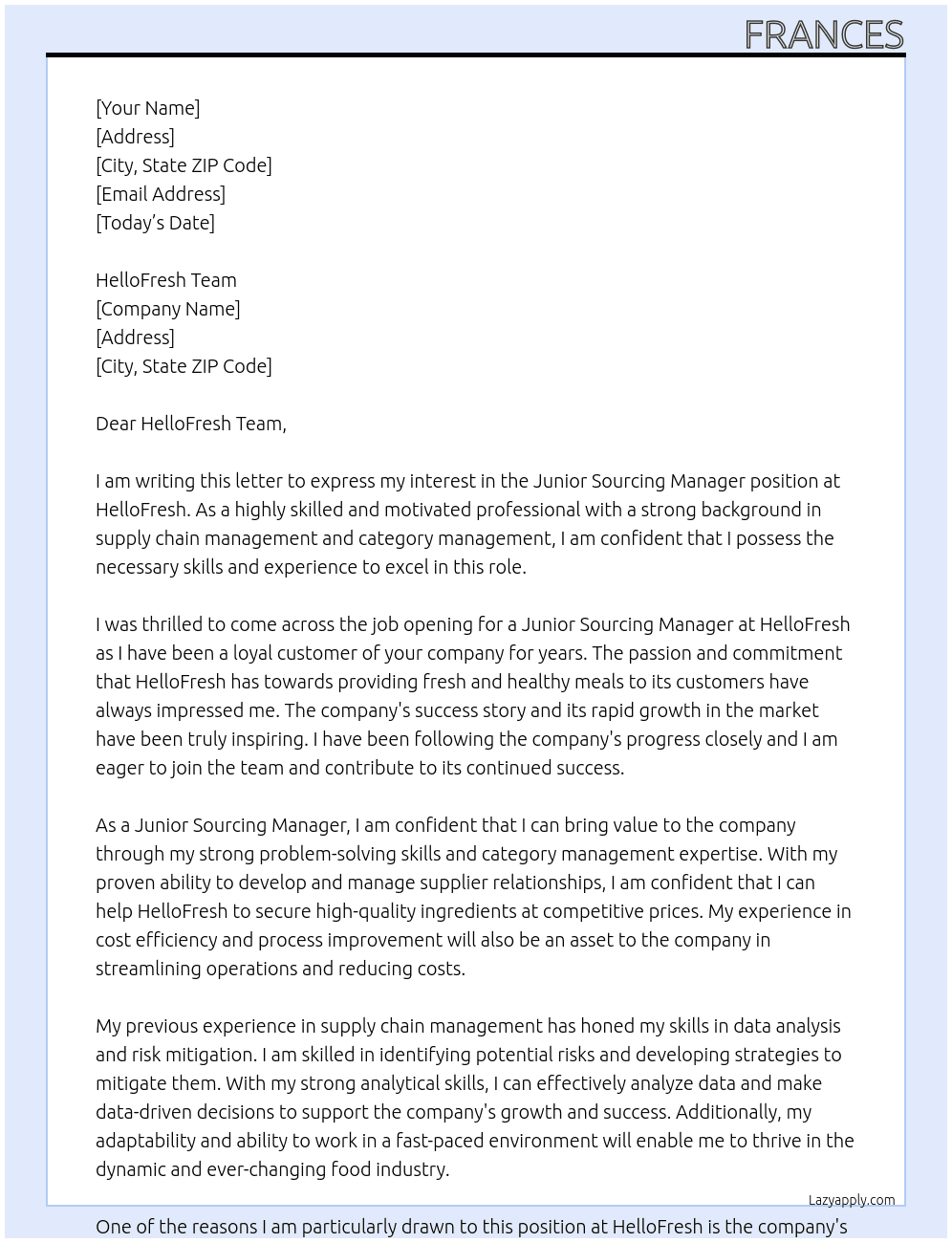 Junior sourcing Manager At HelloFresh Cover Letter