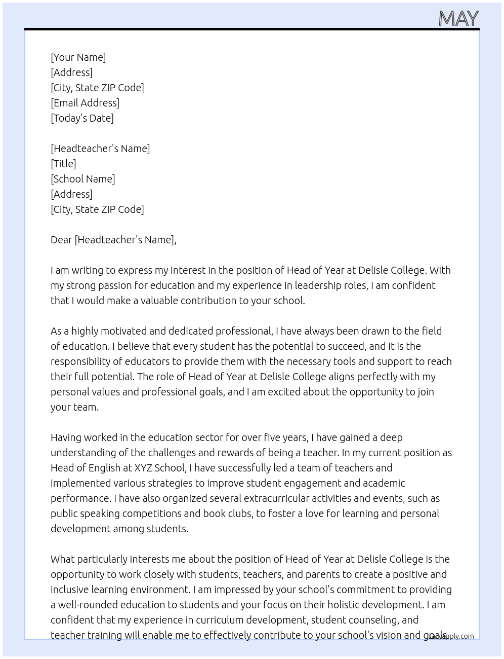 Head of year  At Delisle college  Cover Letter