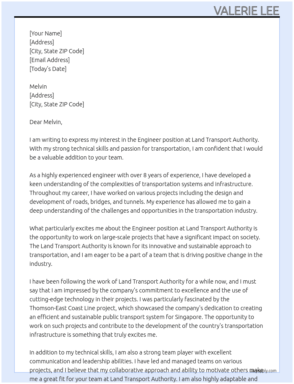 Engineer At Land Transport Authority Cover Letter