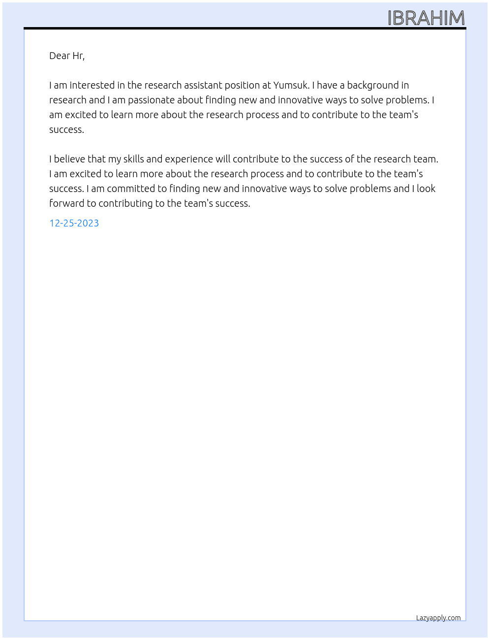 Research assistant At yumsuk Cover Letter