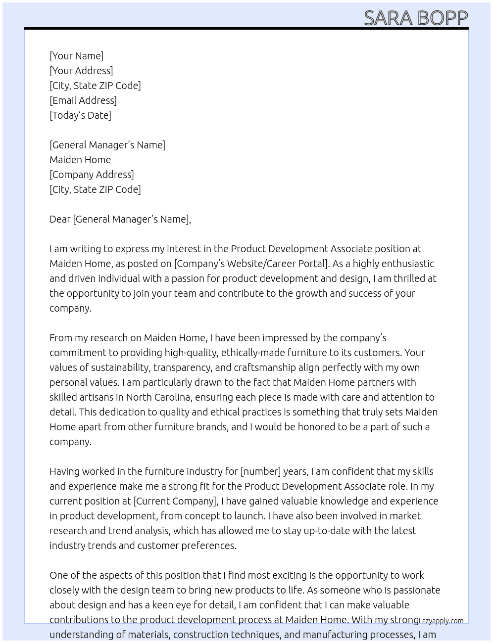 product development associaye At Maiden Home Cover Letter