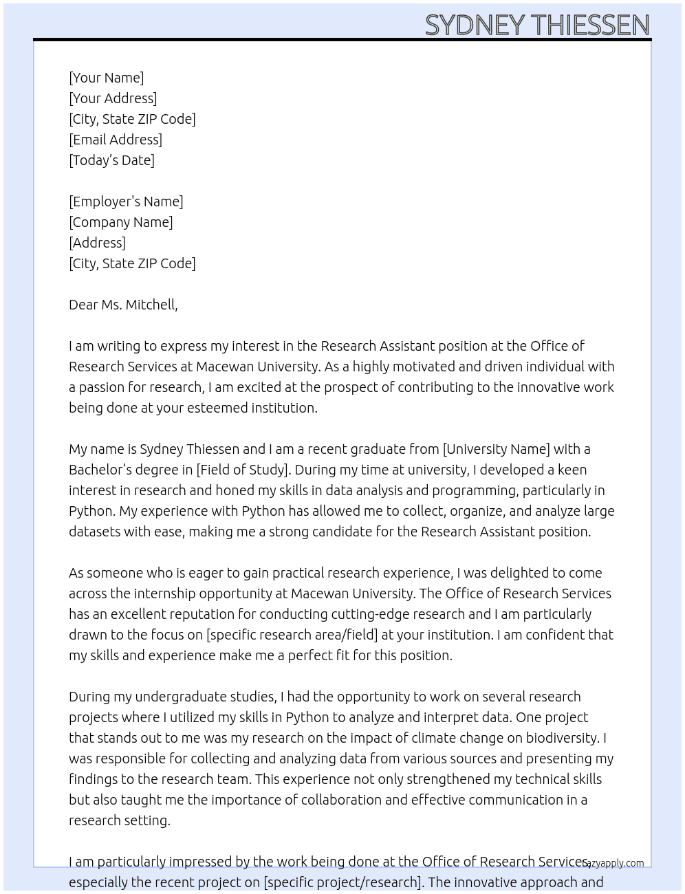 Research Assistant At Office of Research Services at Macewan University Cover Letter