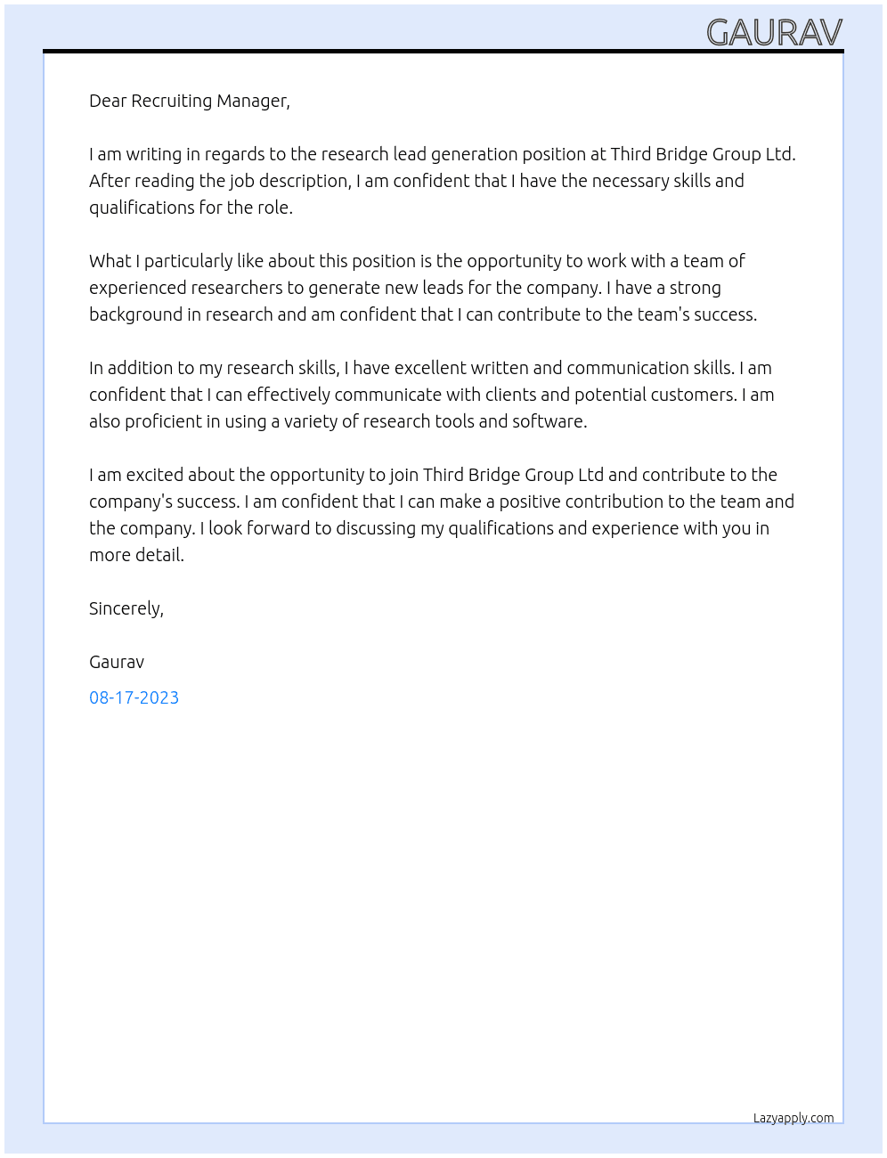 Research lead generation At Third bridge group ltd Cover Letter