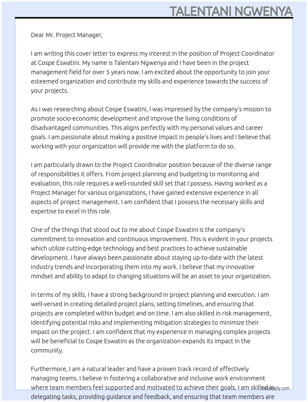 Project Coordinator  At Cospe Eswatini  Cover Letter