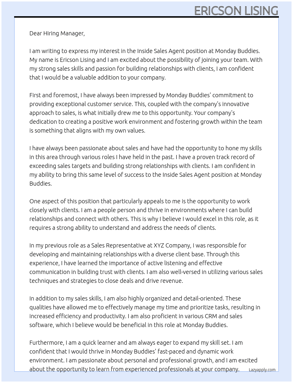 Inside Sales Agent At Monday Buddies Cover Letter