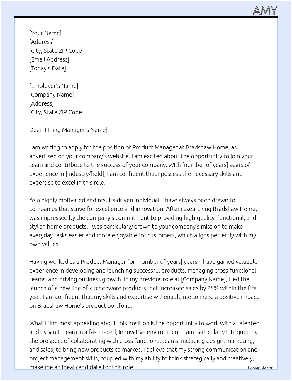 Product Manager At Bradshaw Home Cover Letter