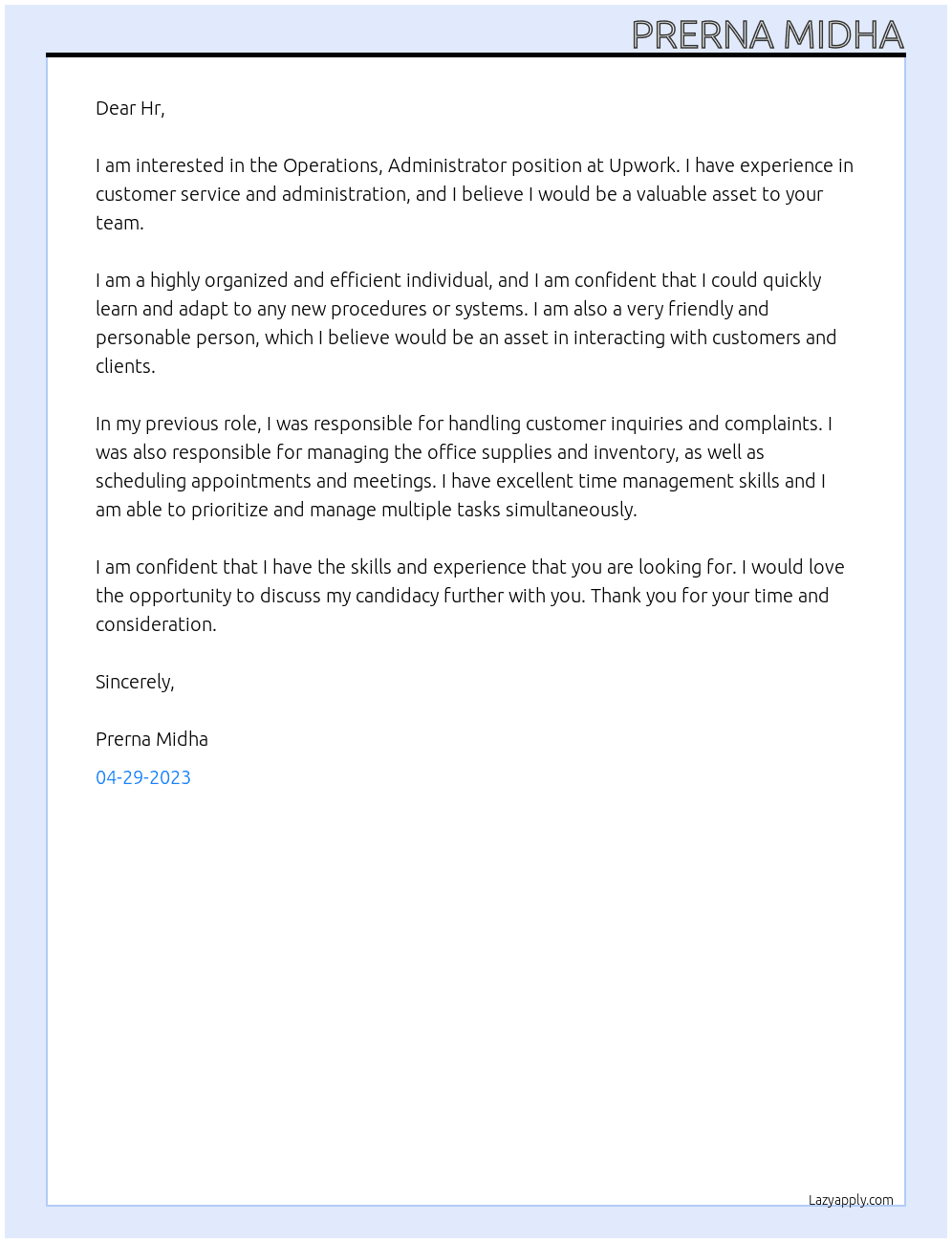 Operations, Administrator At Upwork Cover Letter
