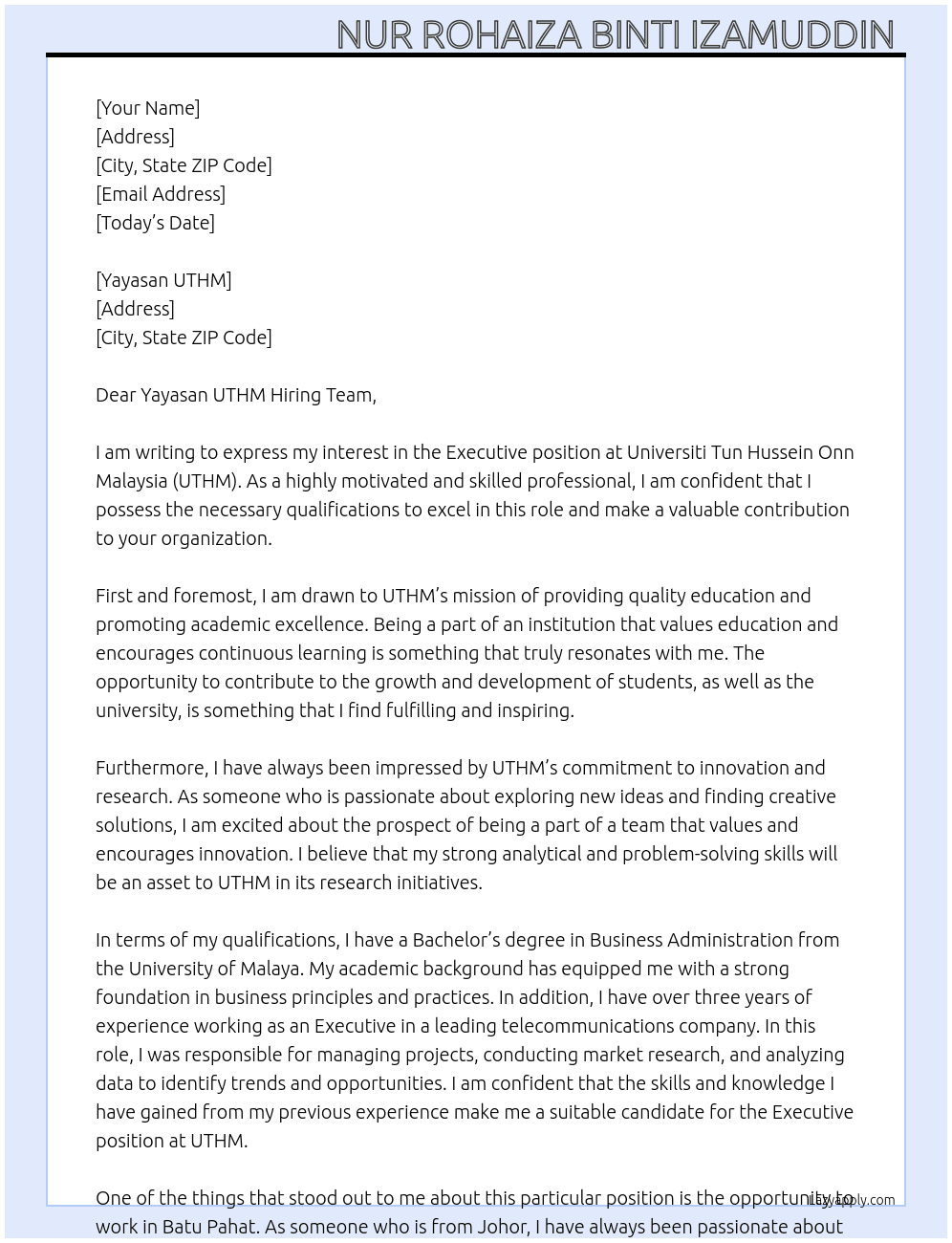 Executive  At Universiti Tun Hussein Onn Malaysia (UTHM) Cover Letter
