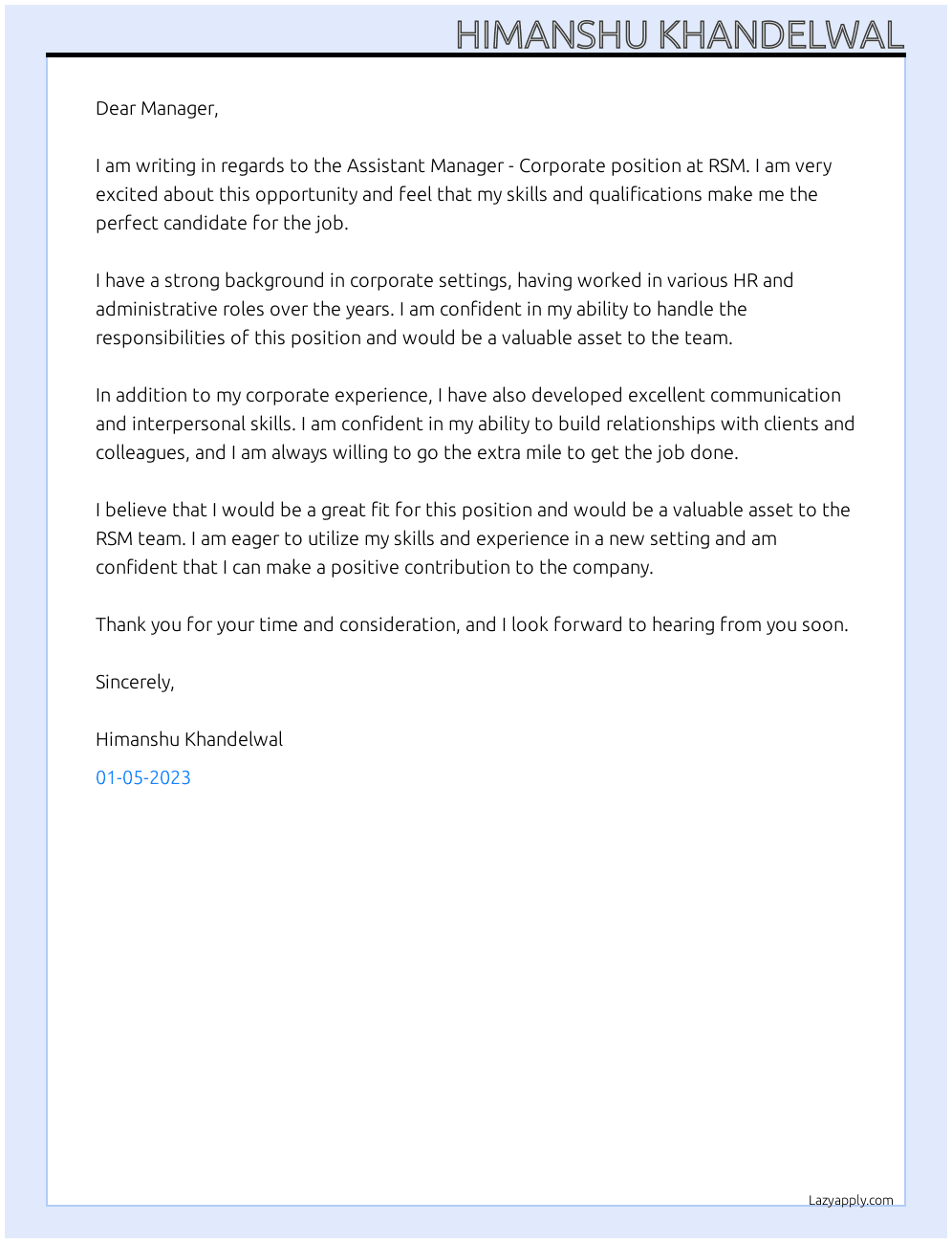 Cover letter for assistant manager - corporate - LazyApply