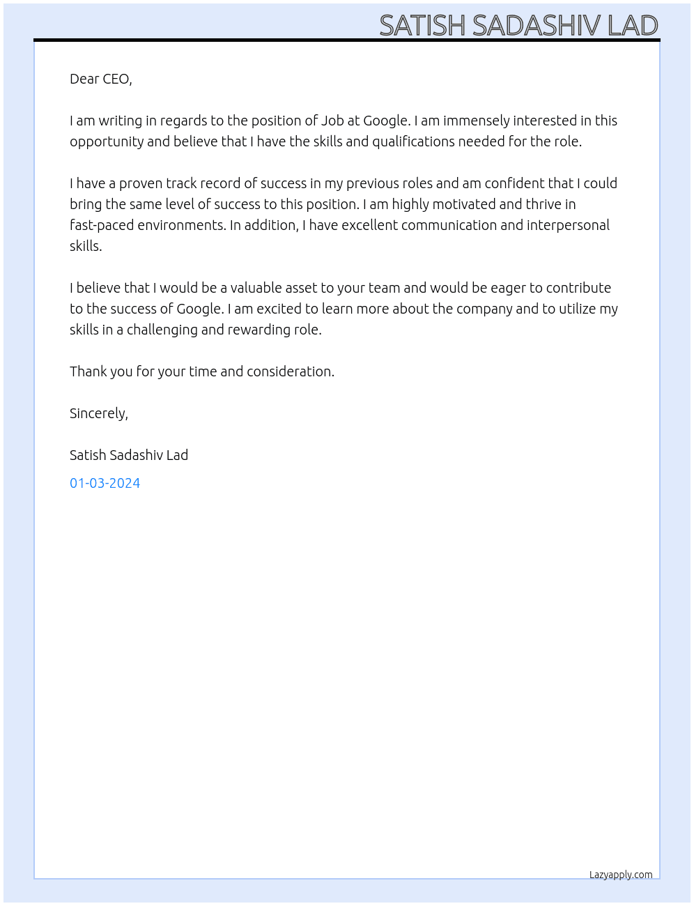 Job At Google Cover Letter