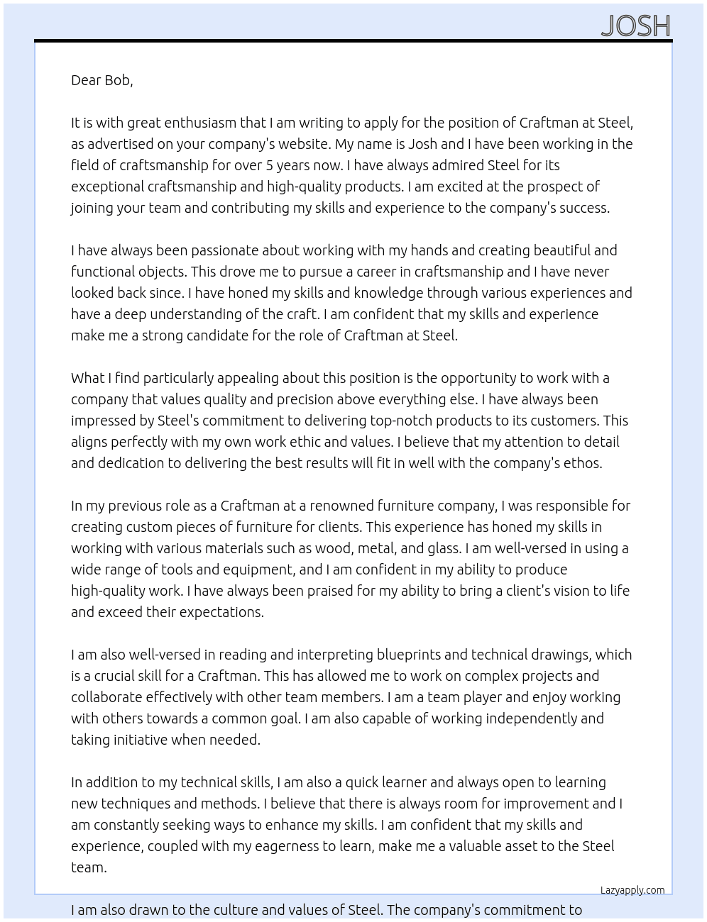 Craftman At Steel Cover Letter