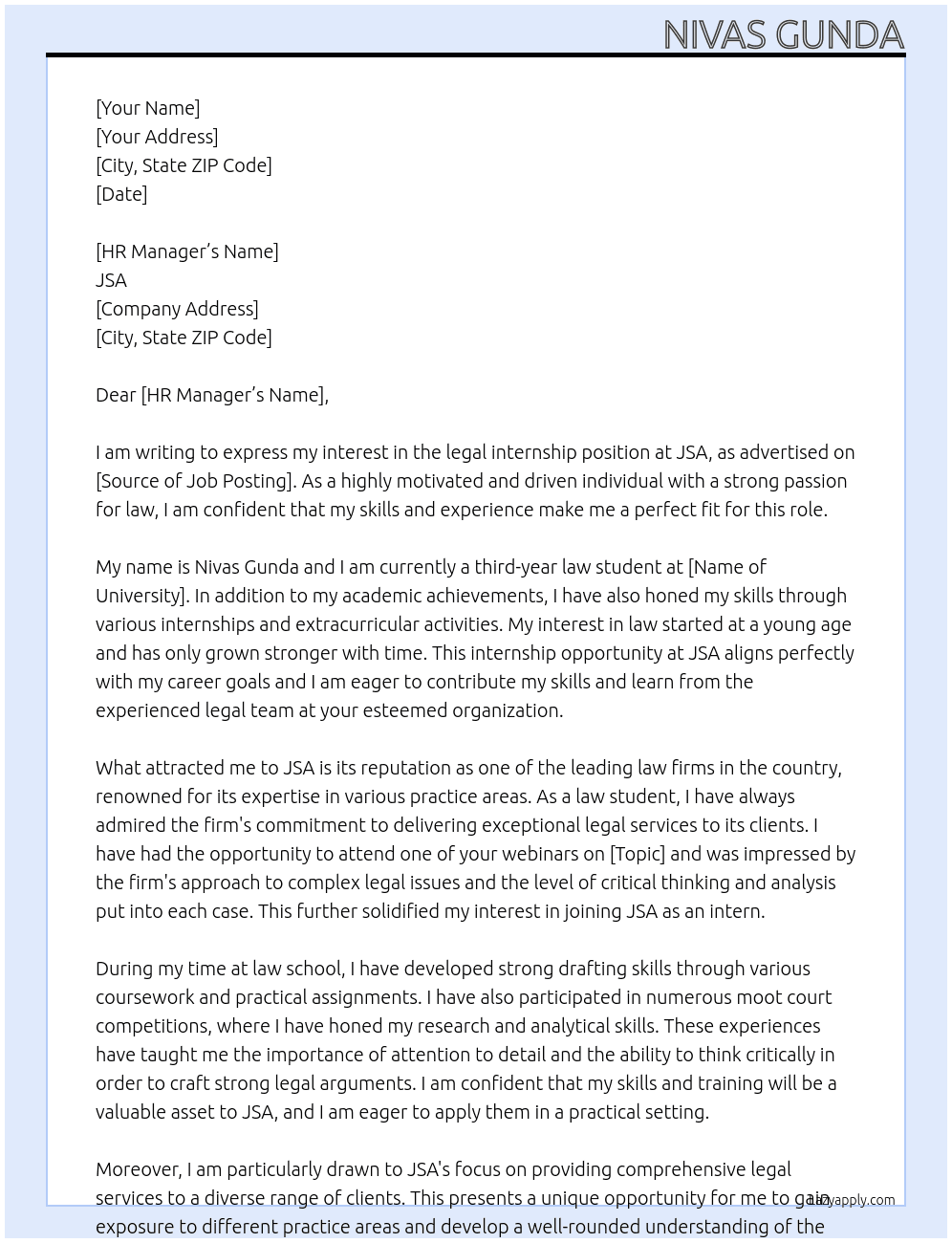 legal internship At JSA  Cover Letter