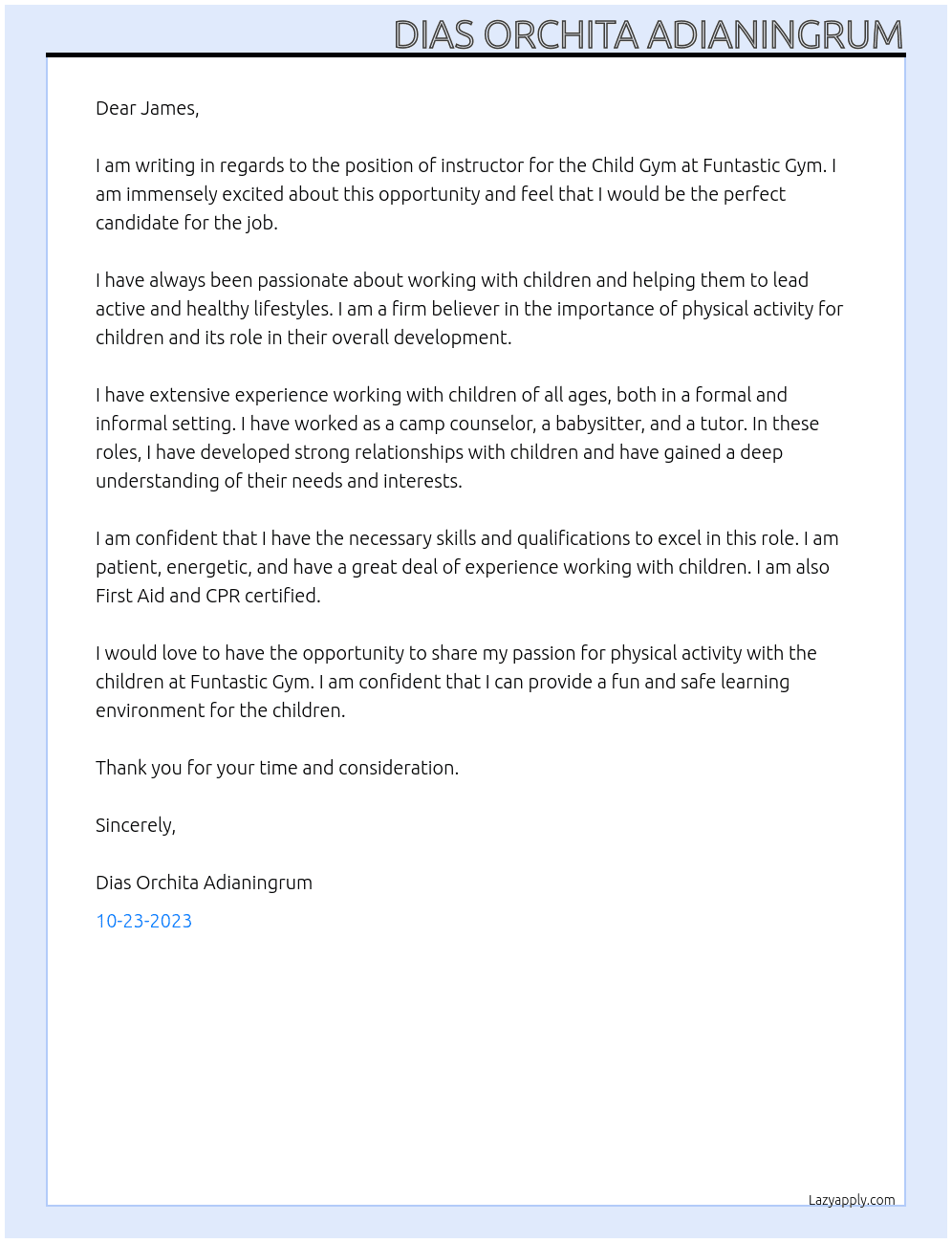 instructor for Child Gym At Funtastic Gym Cover Letter