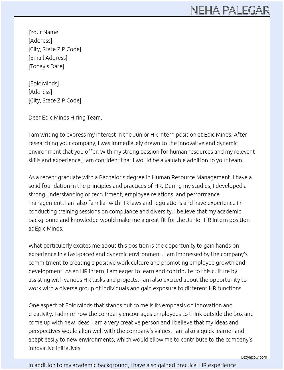 junior hr intern At epic minds Cover Letter